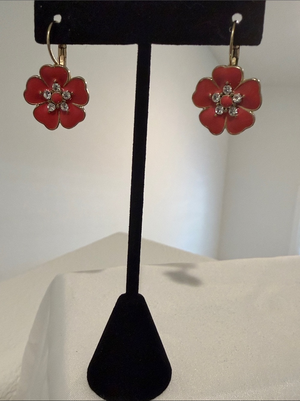 Macy's Gold-Tone Pink / Coral Enamel Flower Drop Earrings with Clear Crystals